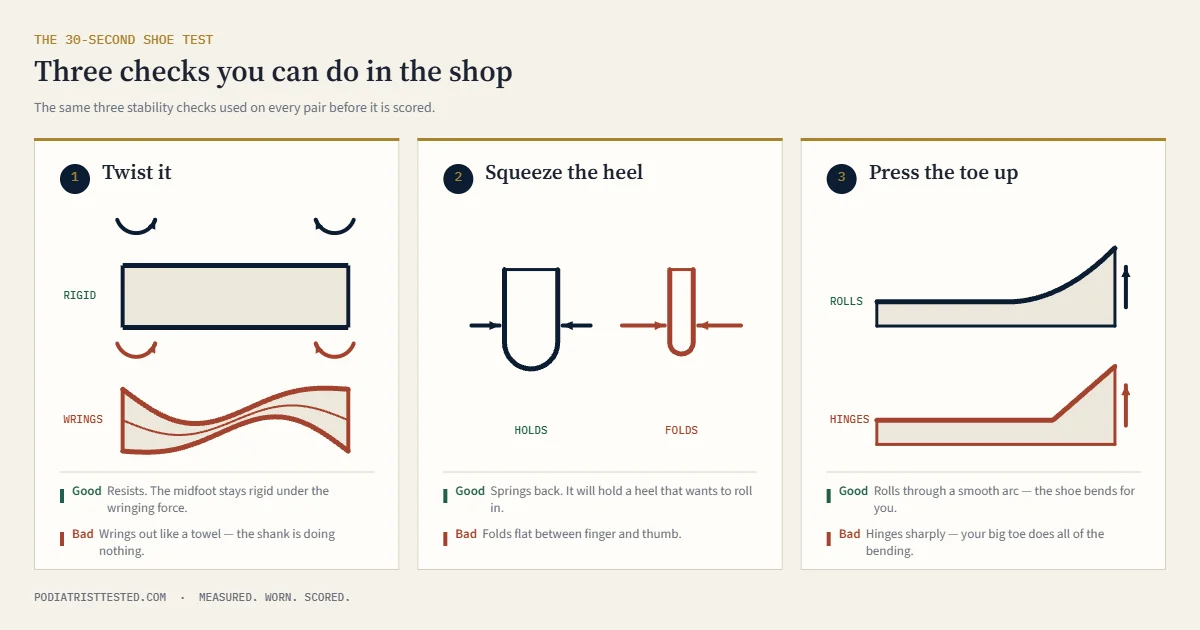 Diagram of three shoe stability checks — twisting the shoe, squeezing the heel counter, and pressing the toe up — each shown passing and failing