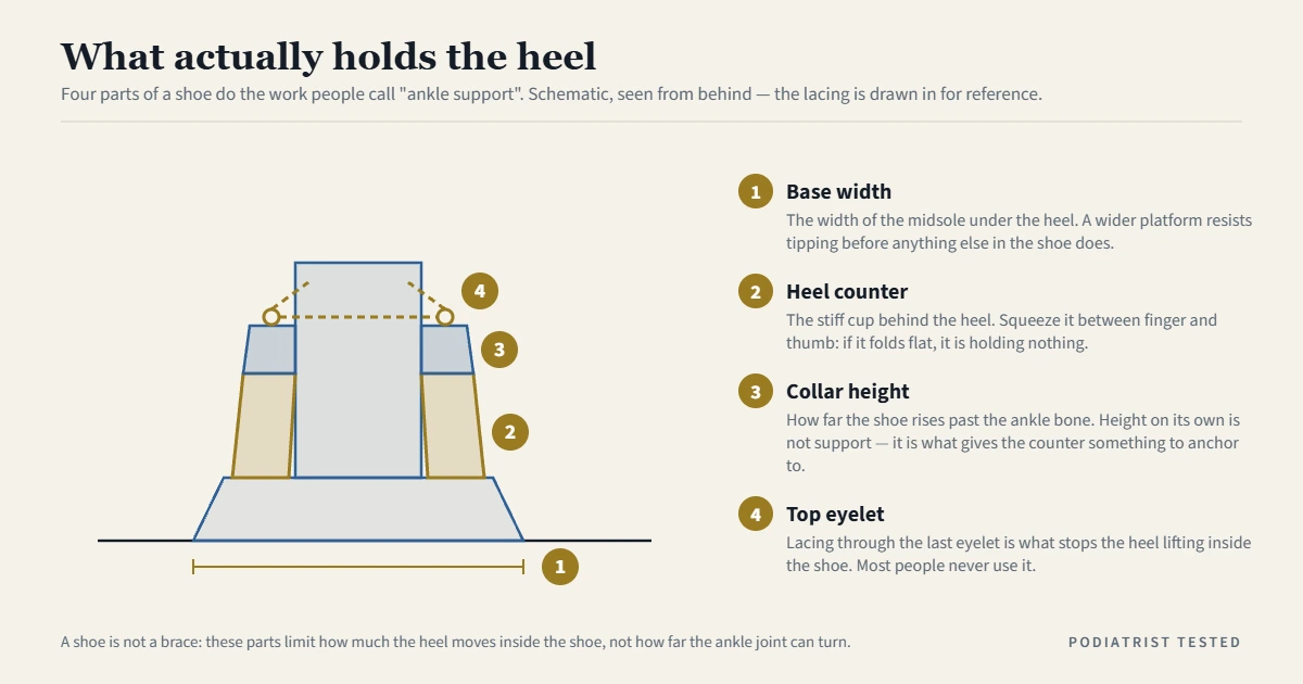 Diagram seen from behind a shoe with four numbered parts labelled: the midsole base width under the heel, the stiff heel counter walls, the collar height above the ankle, and the top lacing eyelet