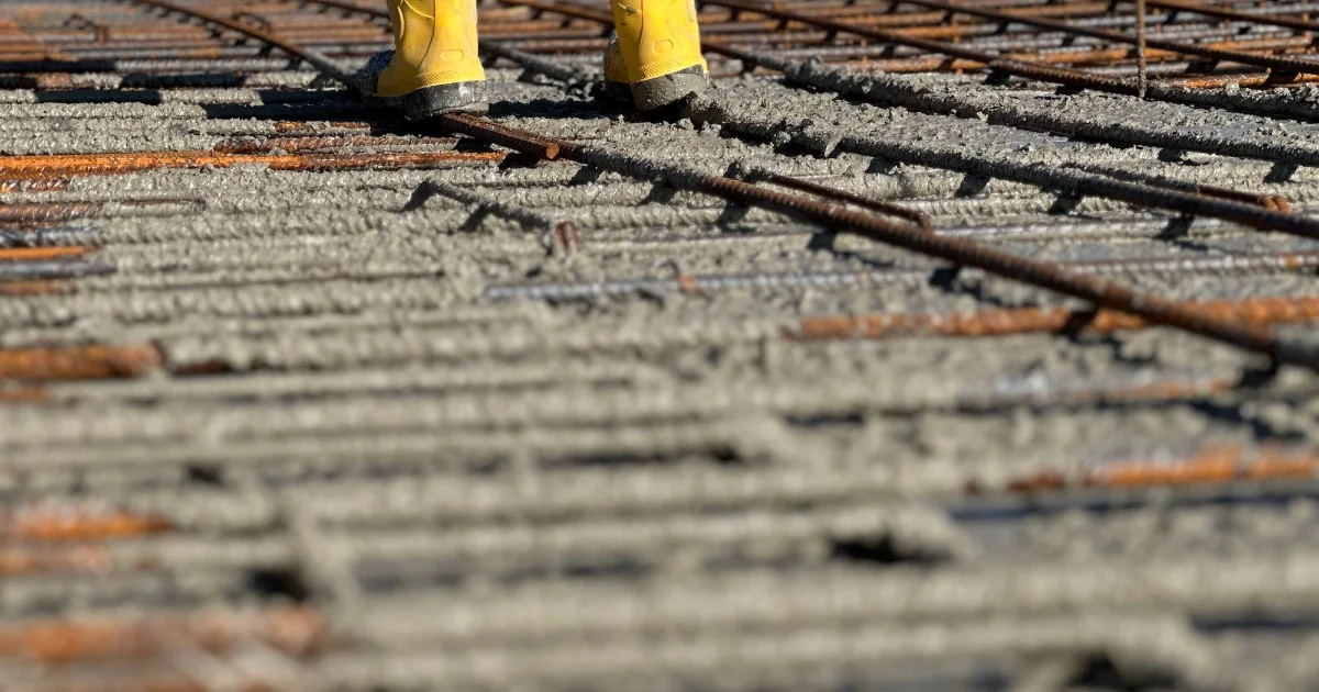 Work boots standing on steel reinforcement at a construction site - best work boots for plantar fasciitis, Podiatrist Tested