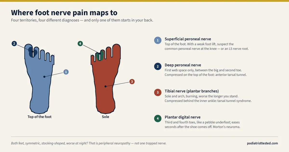 Diagram of a right foot from above and from below, with four nerve territories shaded and numbered: superficial peroneal across the top of the foot, deep peroneal in the first web space, tibial across the sole, and the plantar digital nerve at the third and fourth web space.