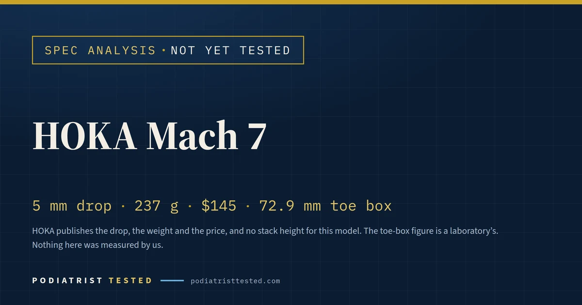 Spec analysis card for the HOKA Mach 7 — 5 mm drop, 237 g, $145, 72.9 mm toe box — marked not yet tested