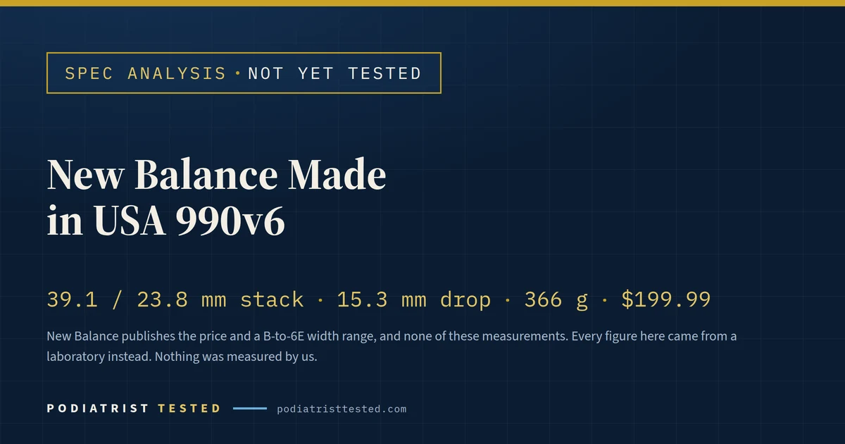 Spec analysis card for the New Balance Made in USA 990v6 — 39.1/23.8 mm stack, 15.3 mm drop, 366 g, $199.99 — marked not yet tested