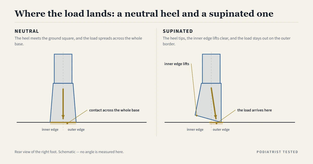 Diagram comparing a neutral heel, whose load spreads across the whole base, with a supinated heel that tips so the inner edge lifts clear and the load arrives on the outer border