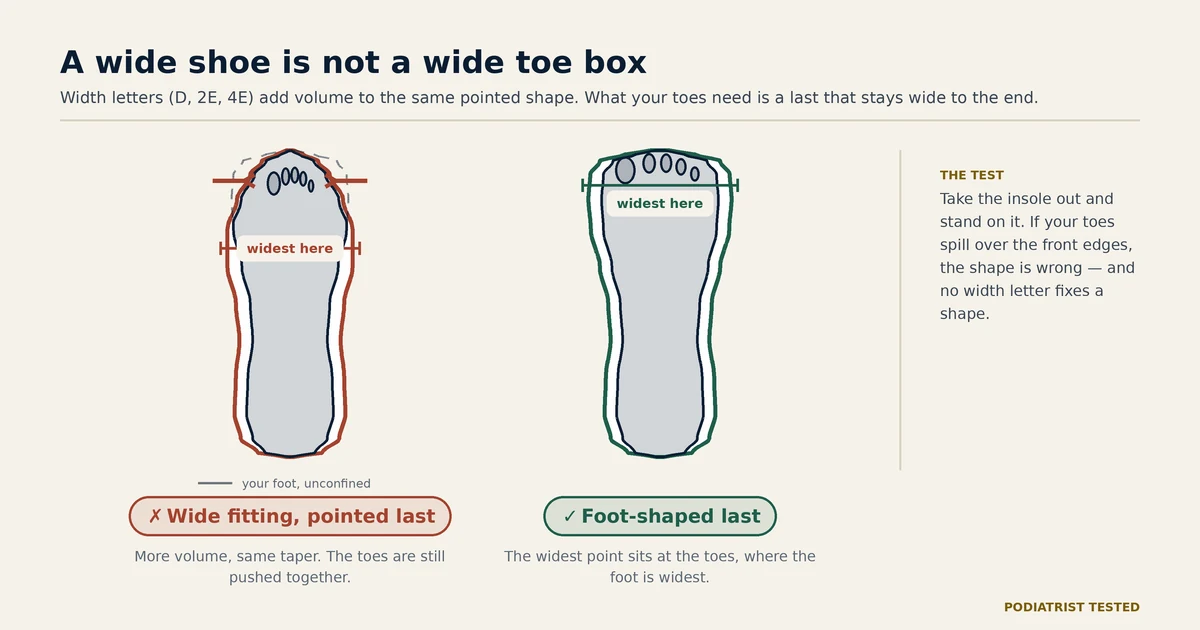 Two shoe outlines with a foot inside each: a wide-fitting pointed last squeezes the toes together, while a foot-shaped last is widest at the toes where the foot is widest